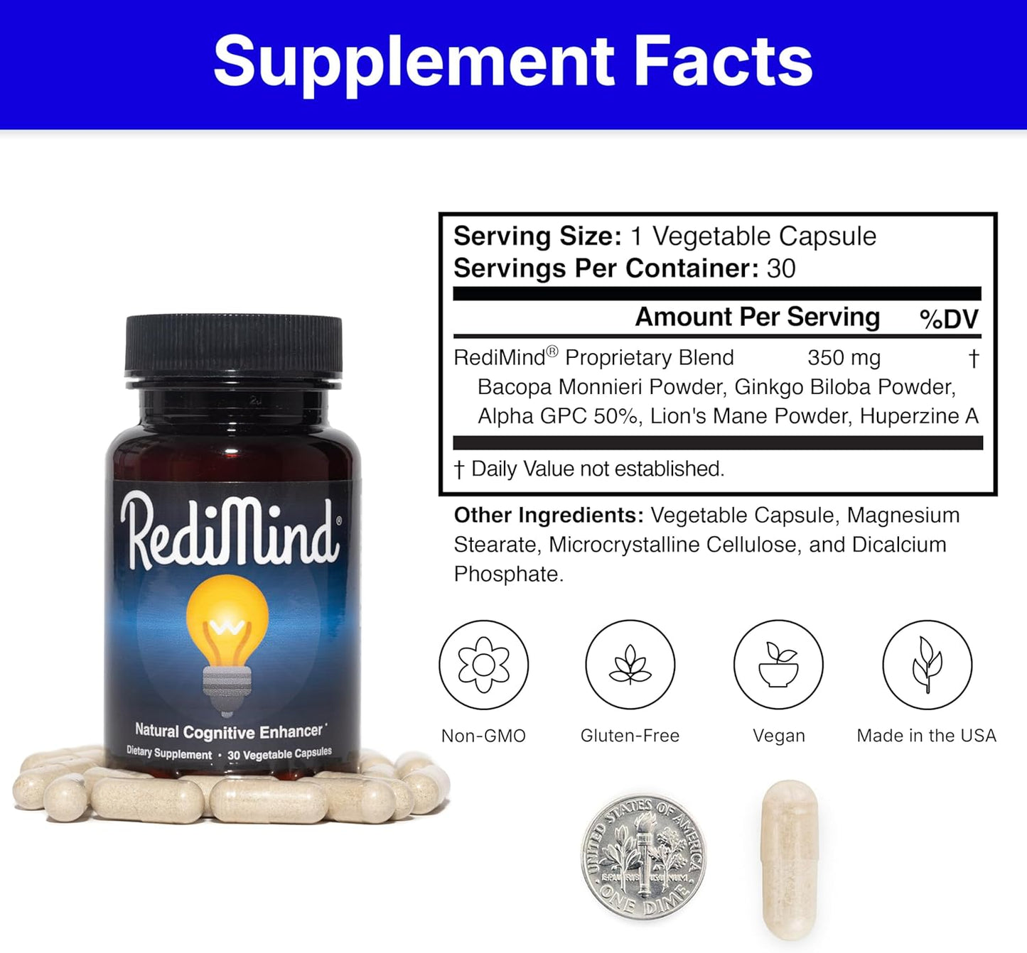 RediMind Natural Cognitive Enhancement Supplement Capsule - Non-GMO, Vegan, Gluten-Free